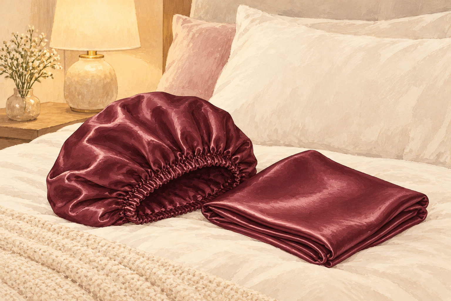 A satin bonnet and satin pillowcase folded together on a neatly made bed.