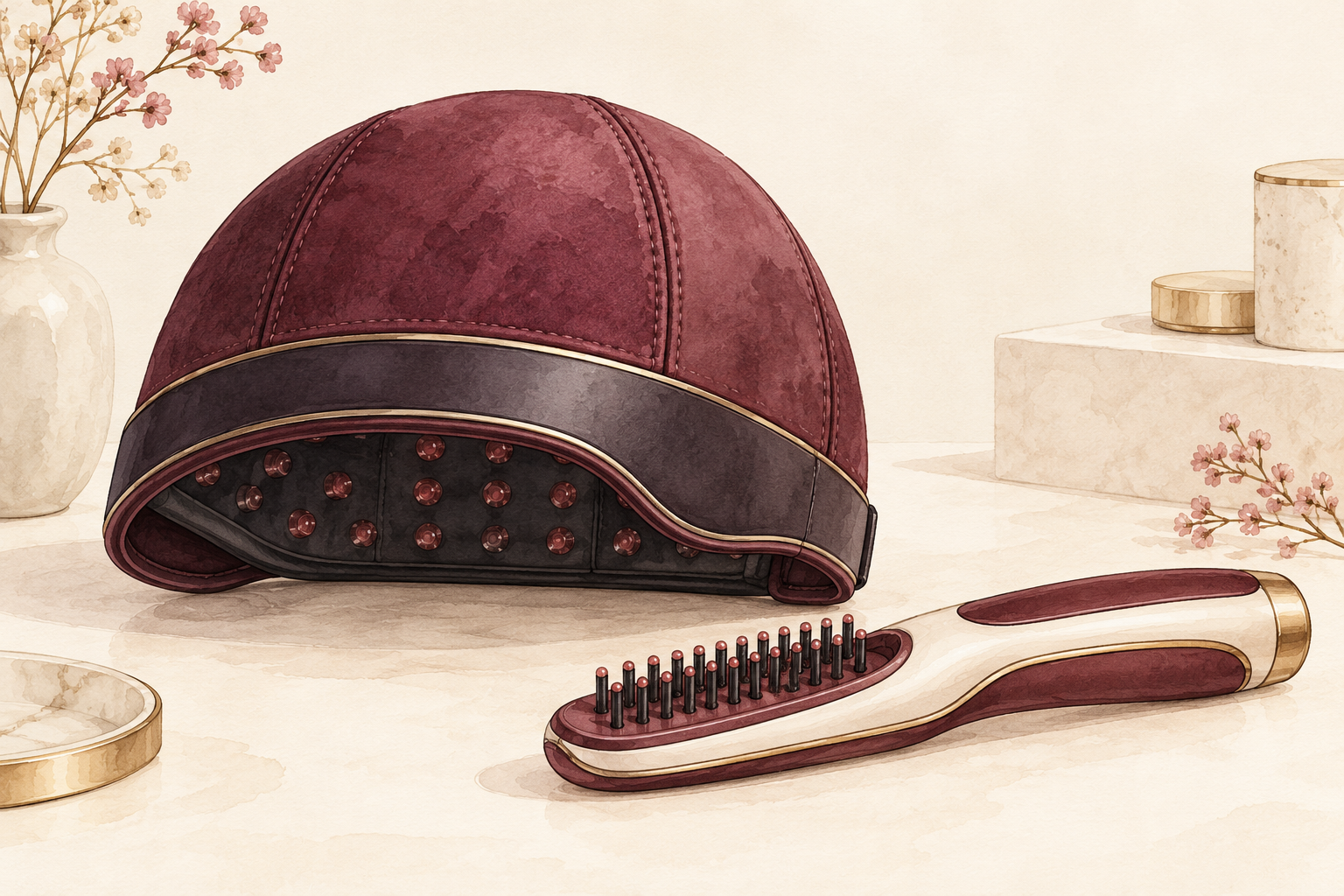 An unbranded light cap and handheld laser comb sit side by side on a cream tabletop.
