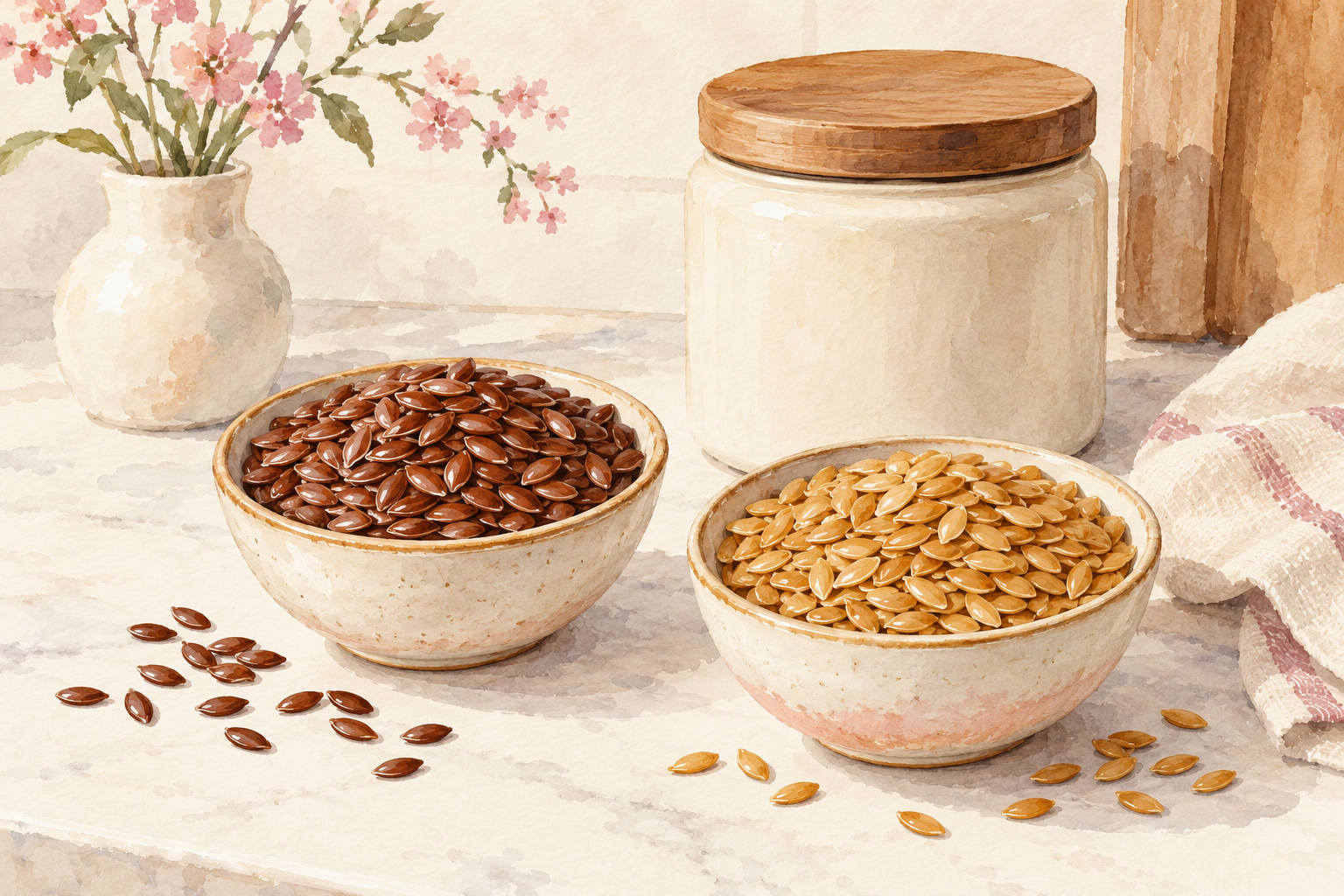 Whole brown and golden flax seeds sit in separate bowls beside a closed storage jar.