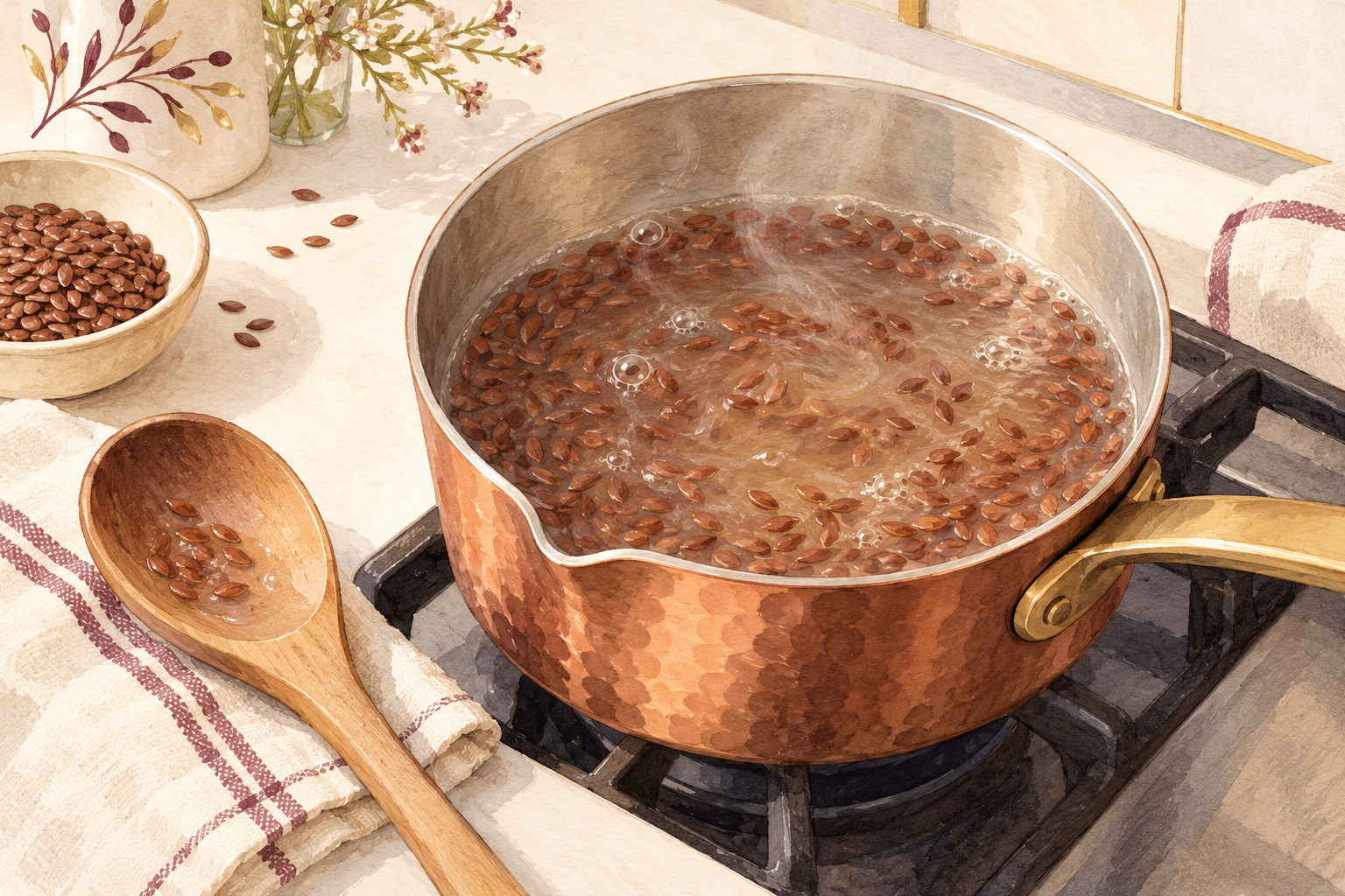 Whole flax seeds simmer gently in water in a small saucepan with a wooden spoon nearby.