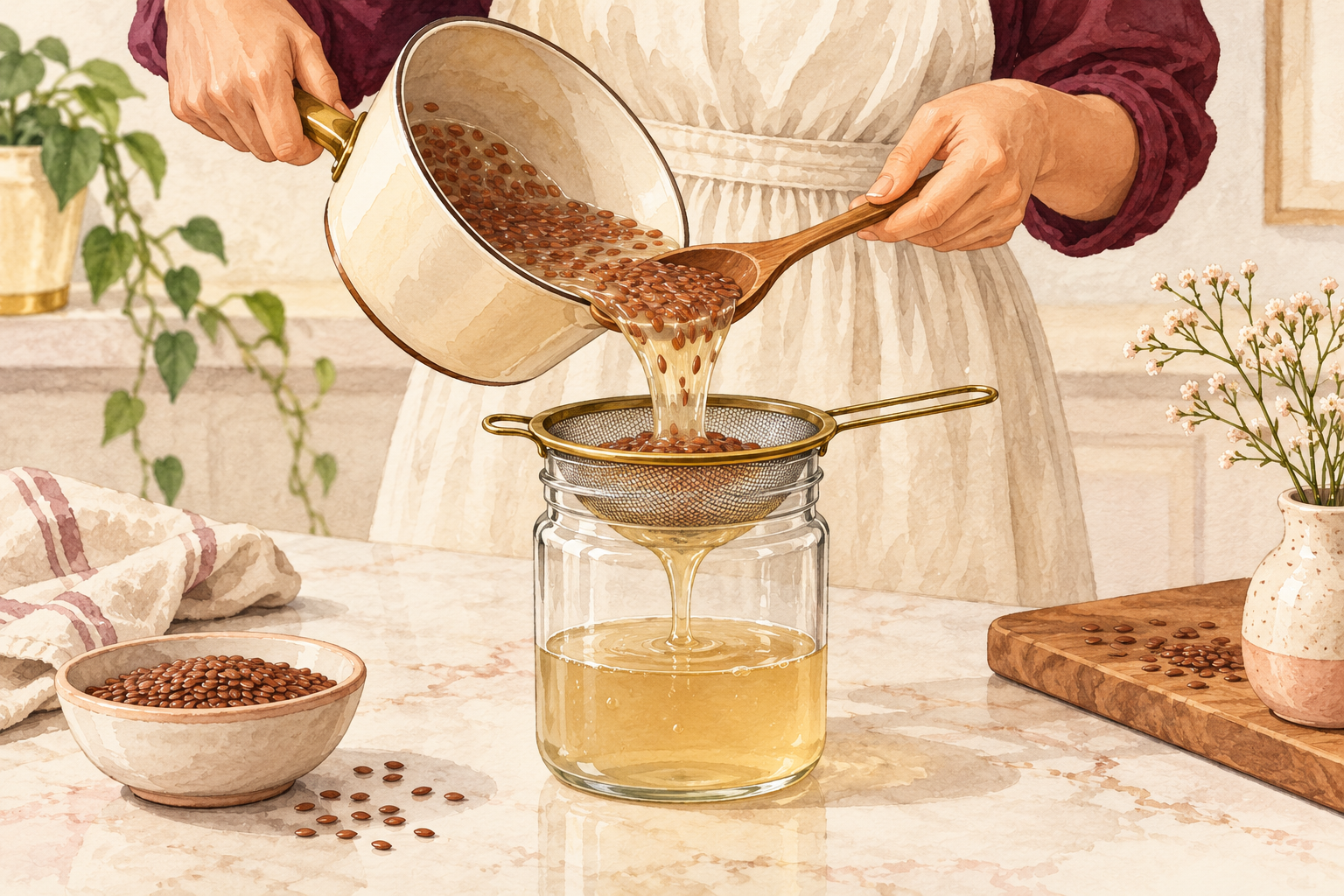 Warm flax gel is poured through a fine mesh strainer resting on a clean glass jar.