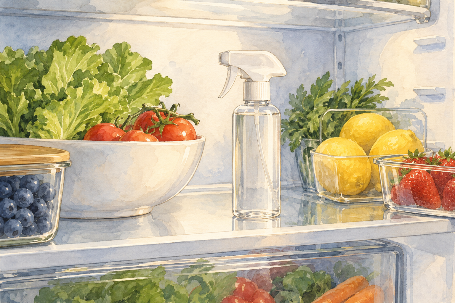 A closed, clean unlabelled spray bottle sits upright on a refrigerator shelf.
