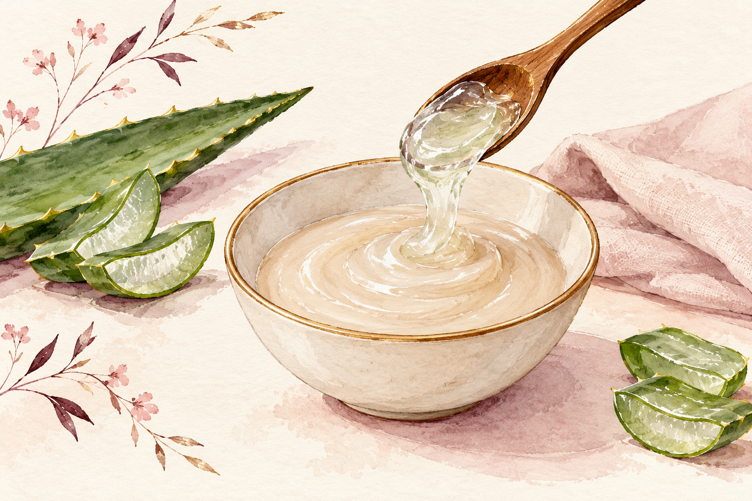 A spoon stirs clear aloe gel into smooth flax gel in a bowl.