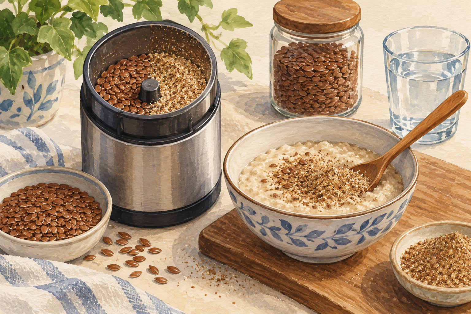 Ground flax is stirred into a bowl of porridge beside a grinder, water glass and closed seed jar.