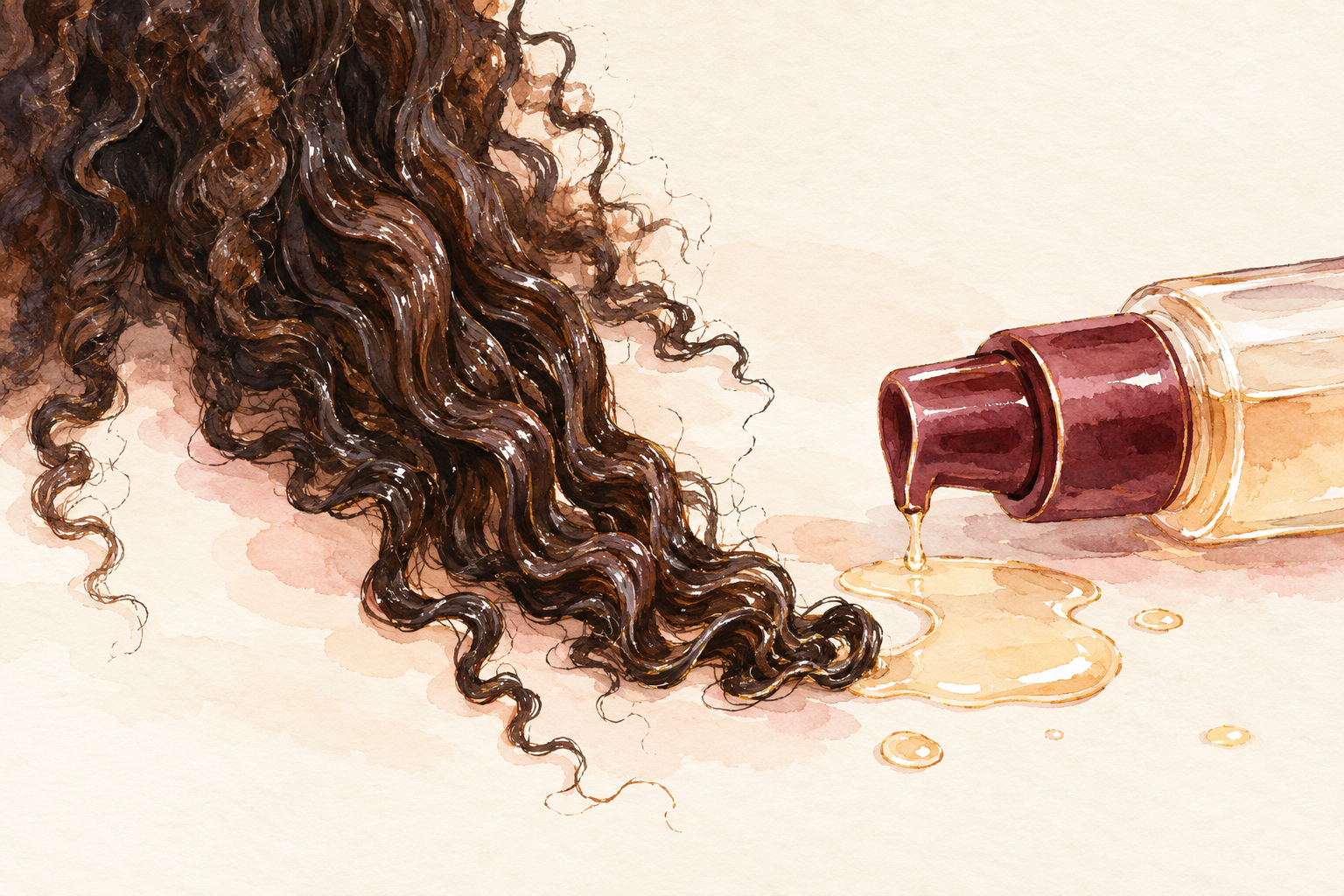 Glossy clumped curls lie beside a tipped pump bottle and spilled golden liquid.