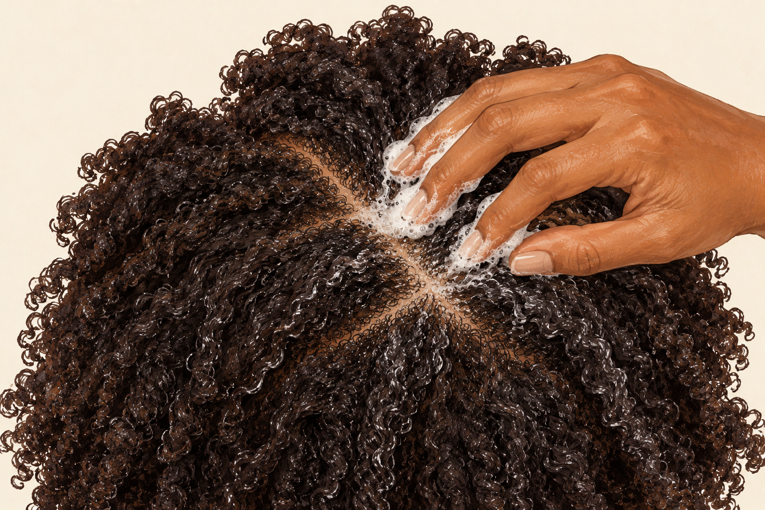 Fingertips massage shampoo foam into the scalp roots of wet, tightly curled hair.