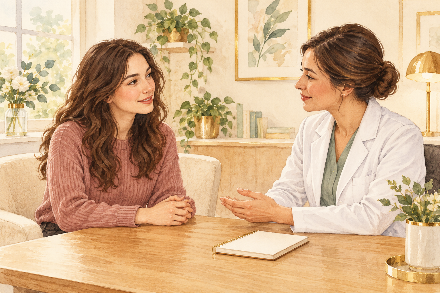 A woman speaks with a clinician in a calm consultation while a blank notebook rests on the table.