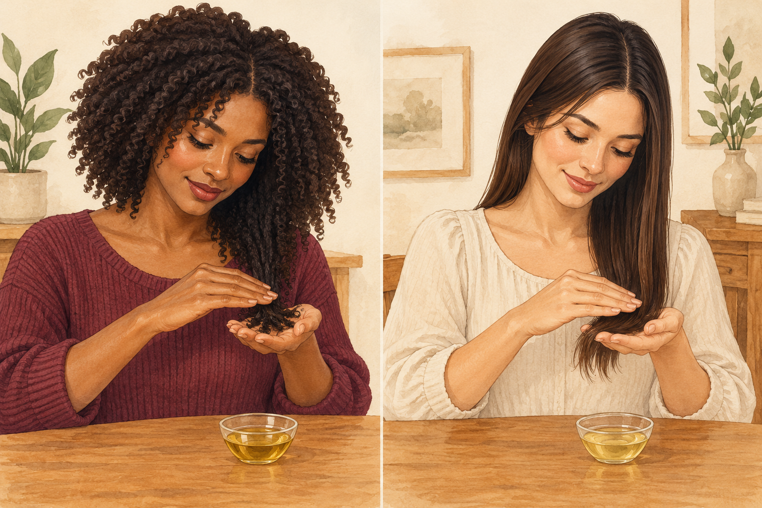 A woman with coily hair and a woman with straight hair each press a small amount of oil onto supported ends, with an oil bowl resting on the table beside each.