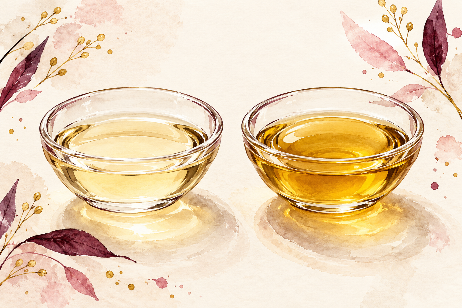 Two shallow glass dishes hold light clear oil and richer amber oil.