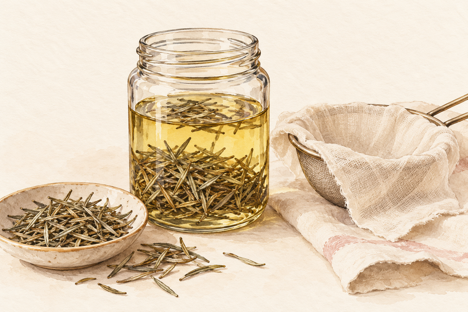 Dried rosemary rests in a glass jar of oil beside a small bowl of dried leaves and a cloth strainer.