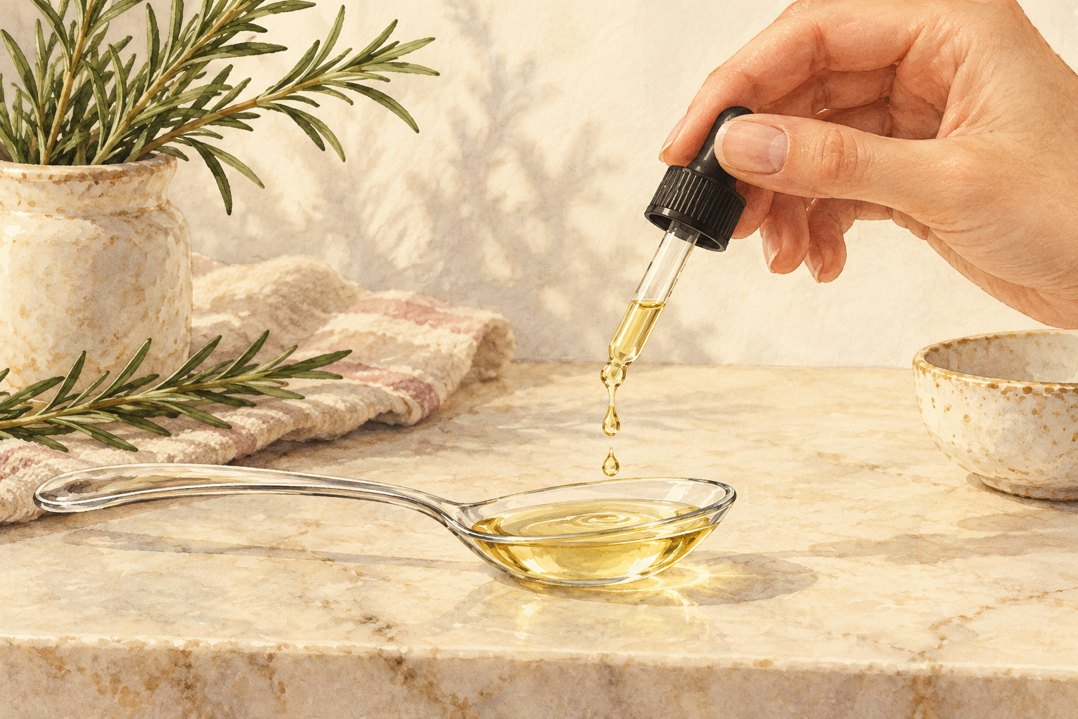 Small drops from a dropper fall into a spoonful of carrier oil in a glass dish.