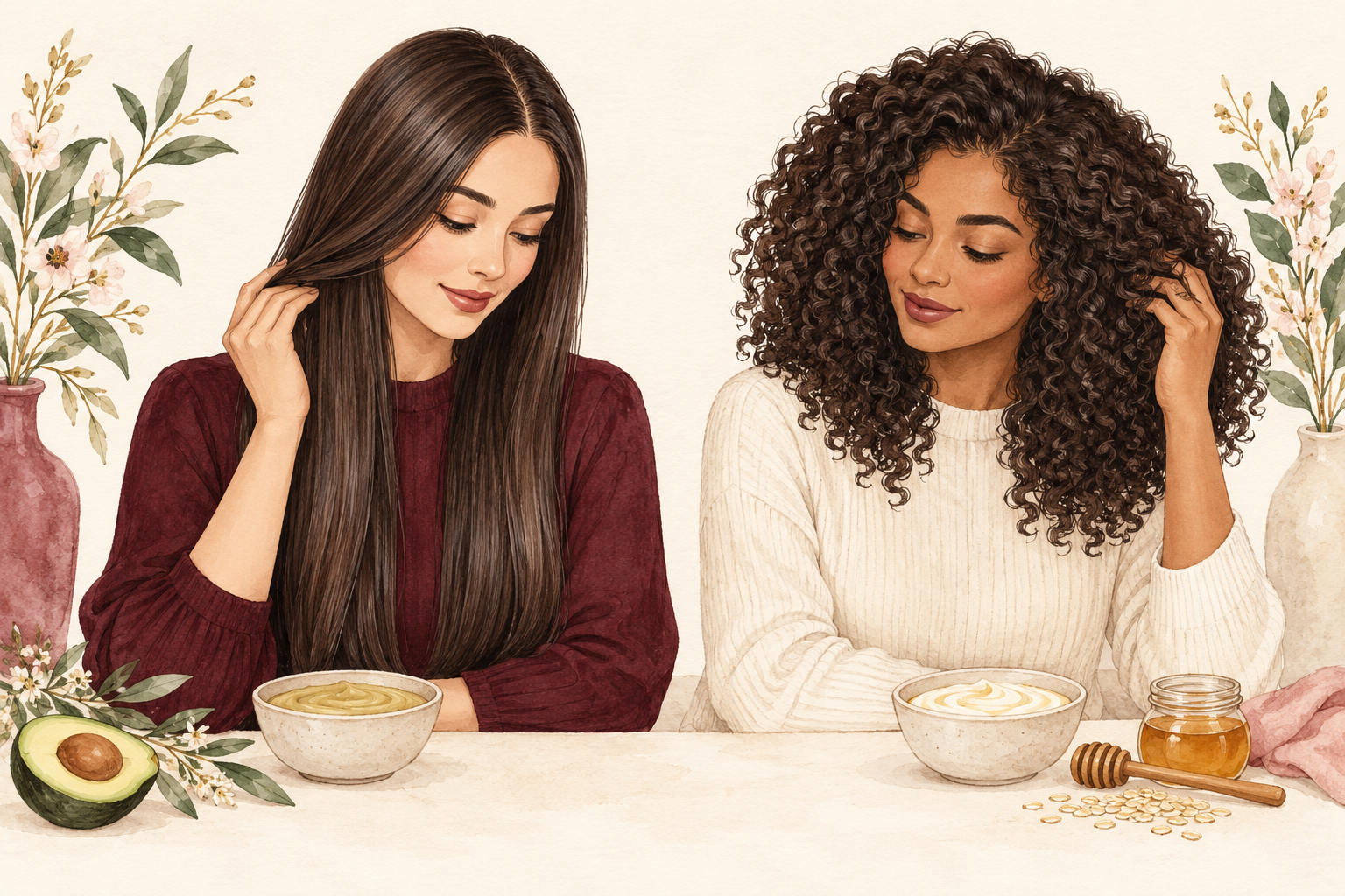 A woman with fine straight hair and a woman with thicker curls sit beside small bowls of hair mask.