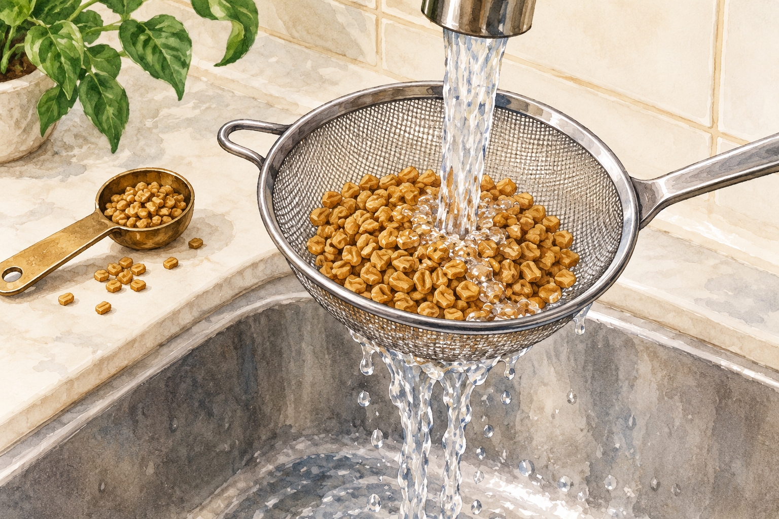 Small angular golden-brown fenugreek seeds rinse in a fine mesh sieve under running water.
