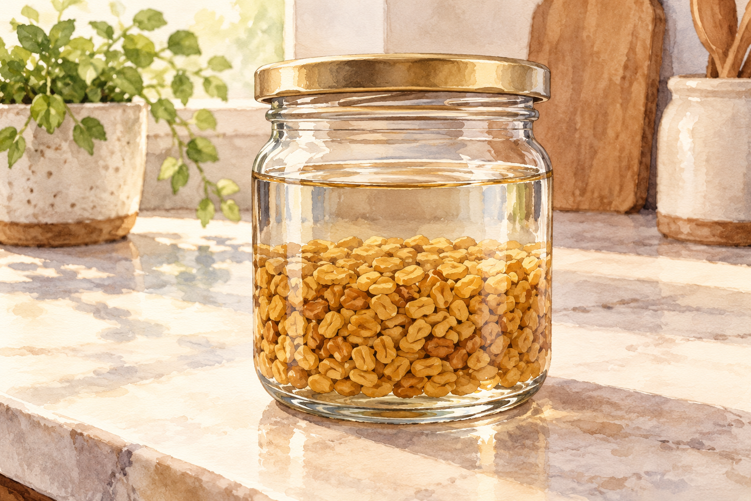 Whole fenugreek seeds sit submerged in water inside a clean glass jar.