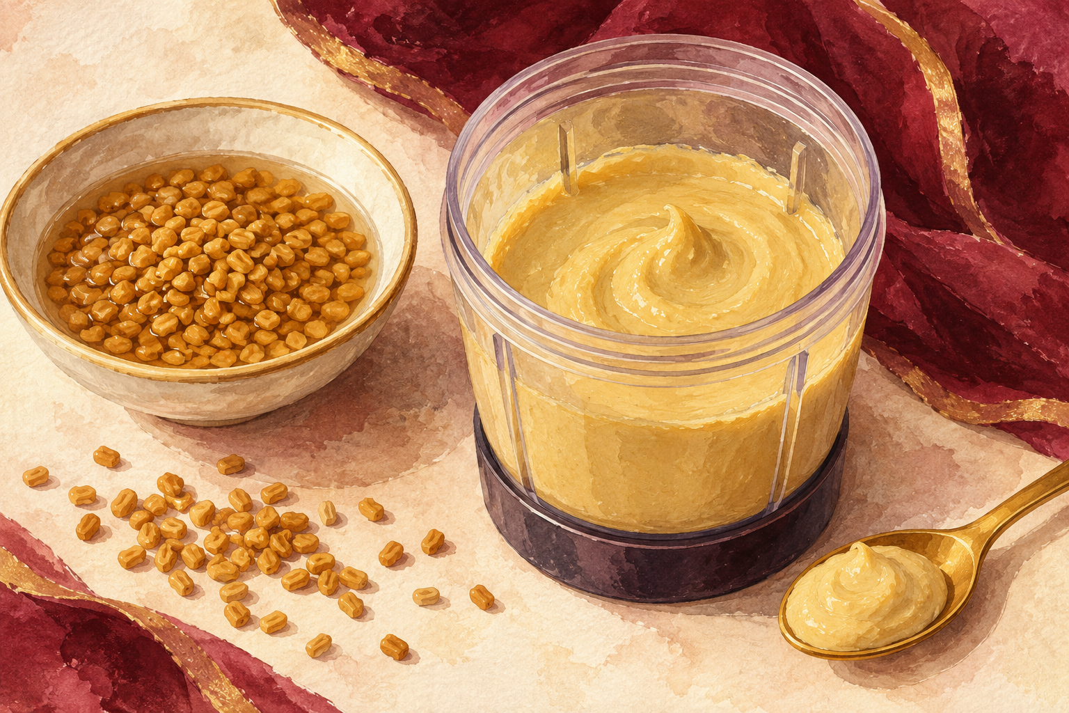 Soaked fenugreek seeds are blended into a smooth pale-gold paste in a blender cup.