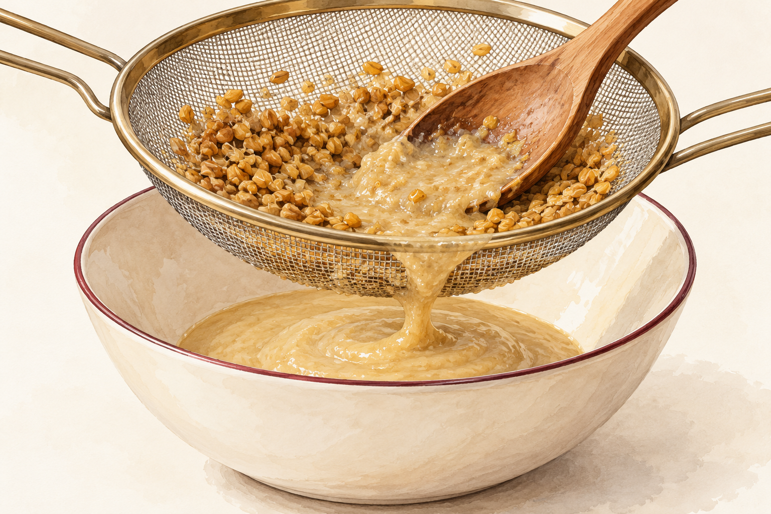 A spoon presses soaked fenugreek paste through a fine sieve into a clean bowl, with seed husks above the mesh.