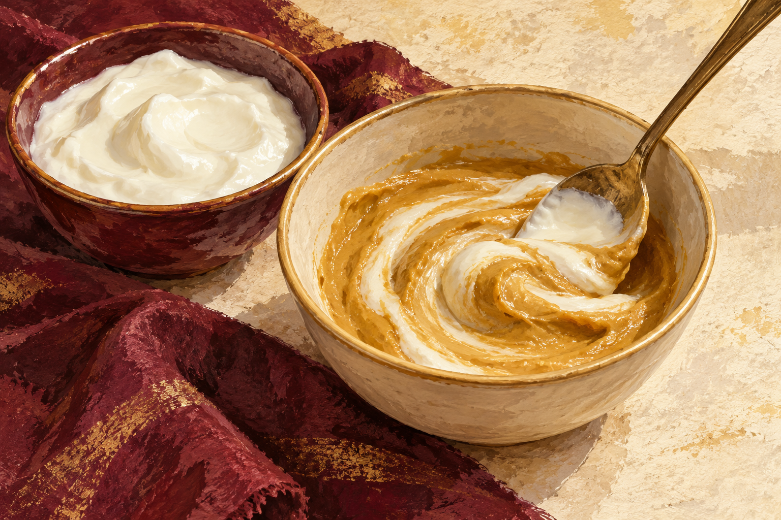 Plain yogurt is stirred into golden fenugreek paste in a bowl.