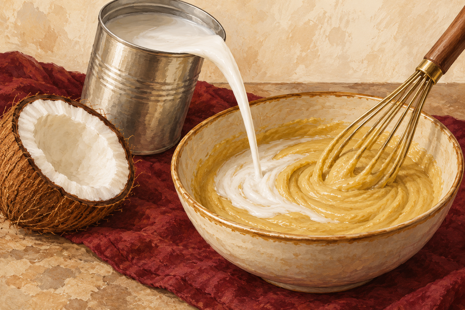 Creamy coconut milk from an open can is whisked into pale-gold fenugreek paste beside a coconut half.