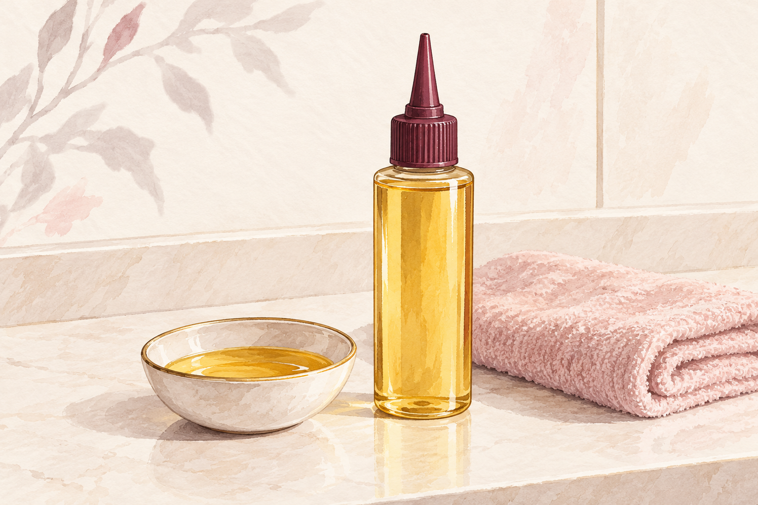 A narrow-tip applicator bottle stands beside a small oil bowl and folded towel.
