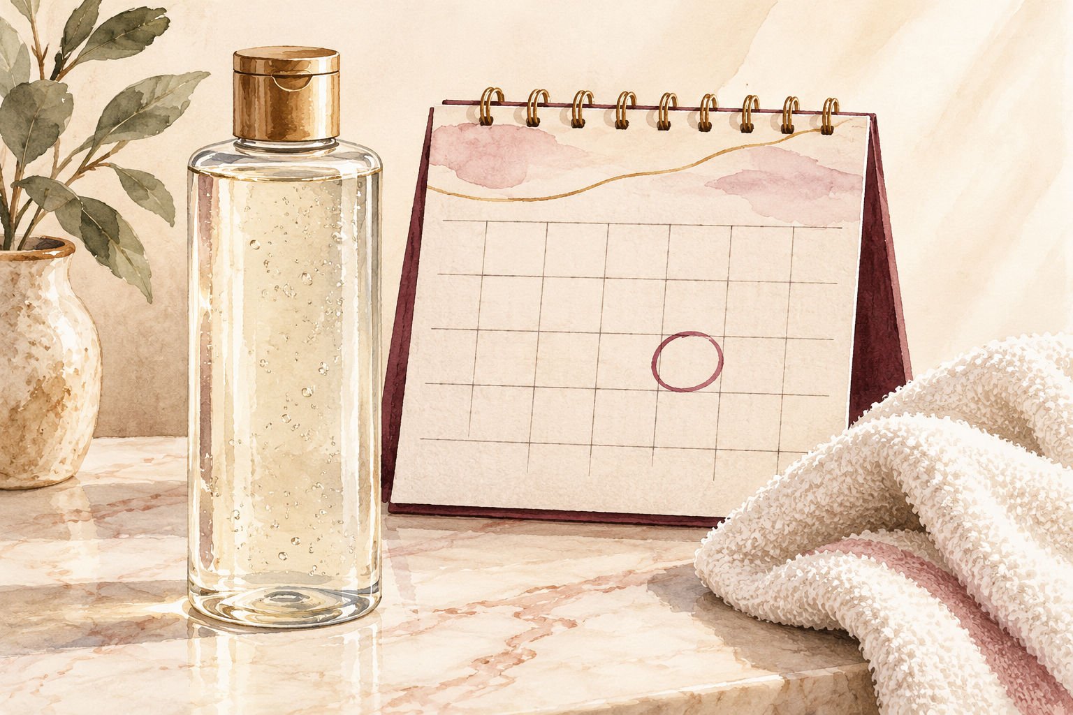 An unlabelled shampoo bottle stands beside a calendar with one wash date circled.