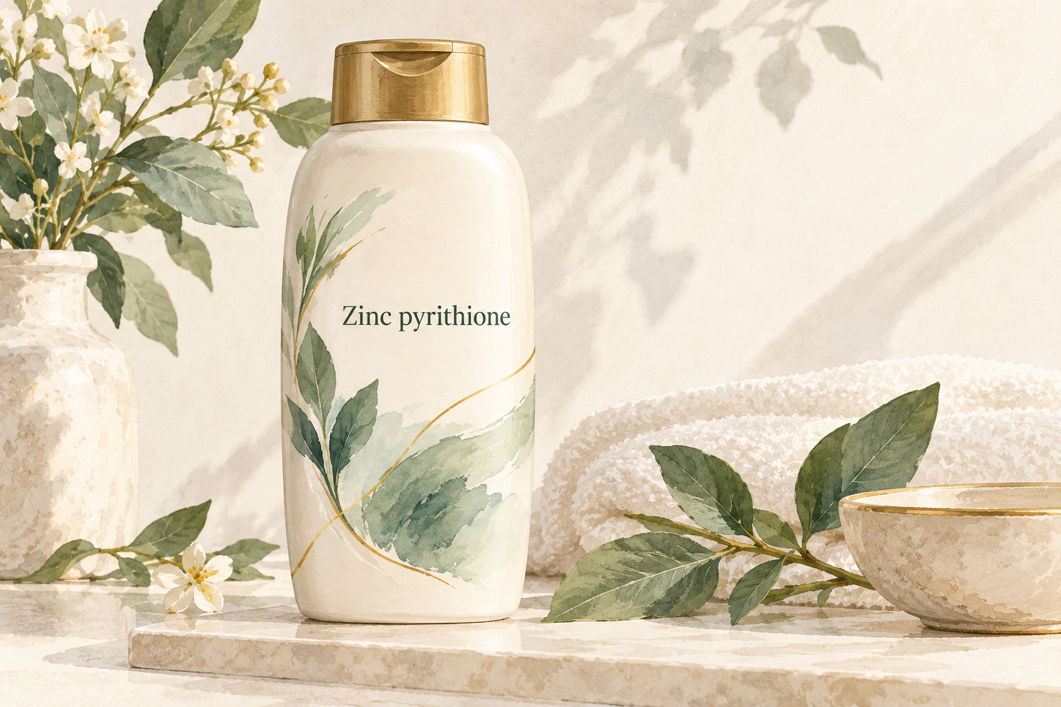 An unbranded shampoo bottle displays the exact readable label “Zinc pyrithione.”