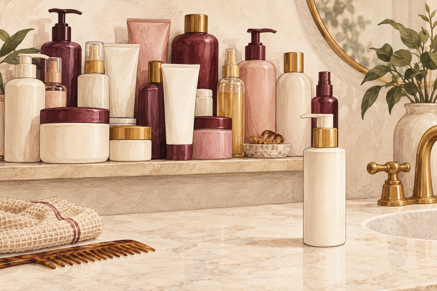 Several unlabelled hair-care bottles crowd a shelf while one bottle sits apart on the counter.