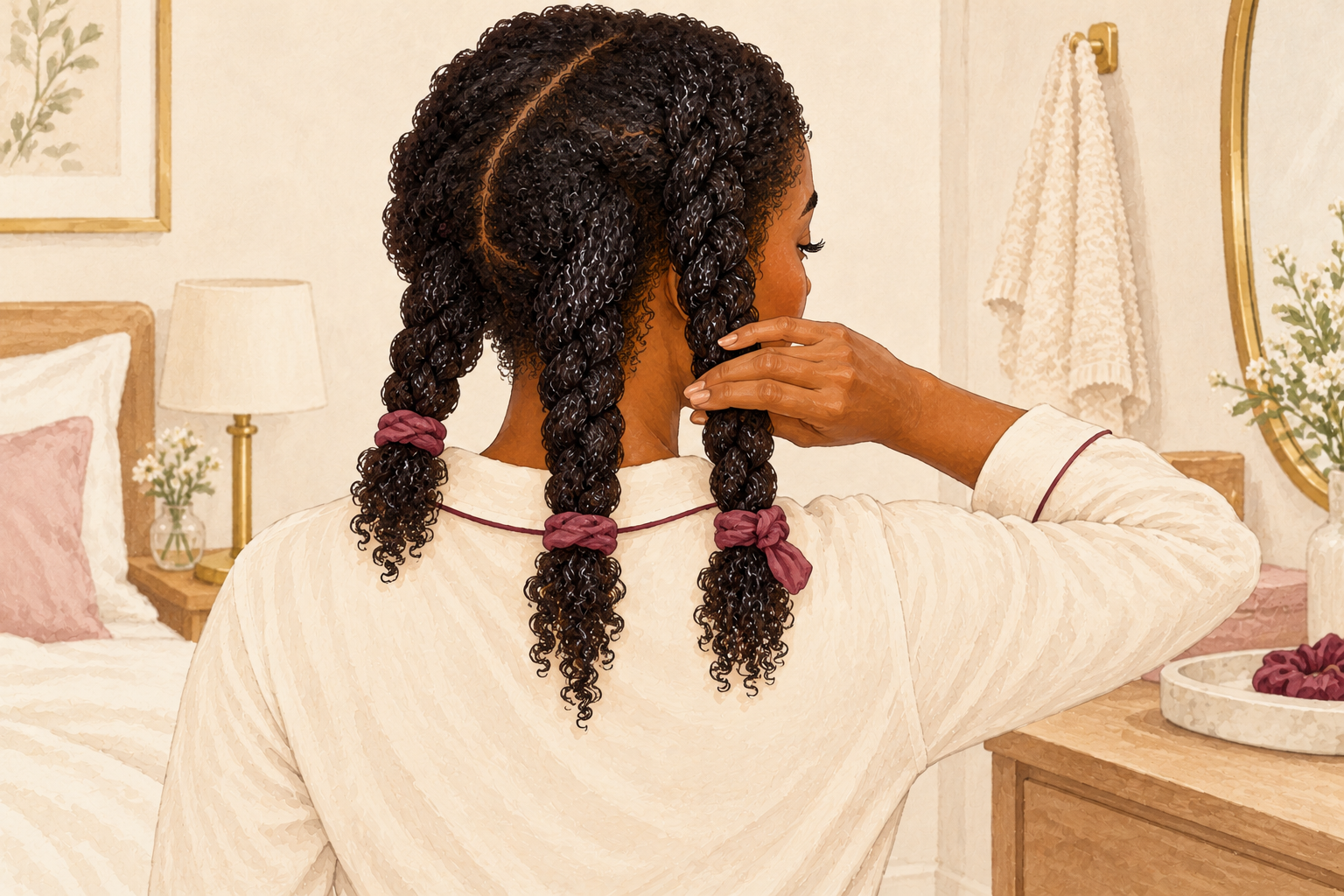 A woman wears several loose braids secured with soft fabric ties as a no-heat stretching style.