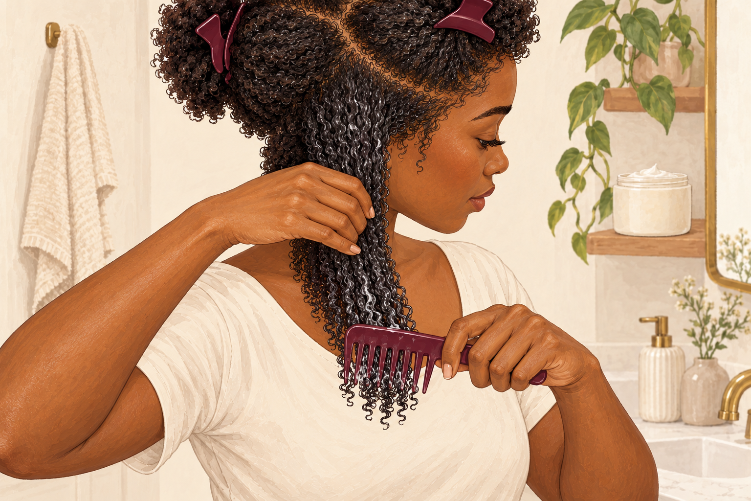 A wide-tooth comb works through the last two inches of a damp hair section while the other hand holds the hair above the comb.