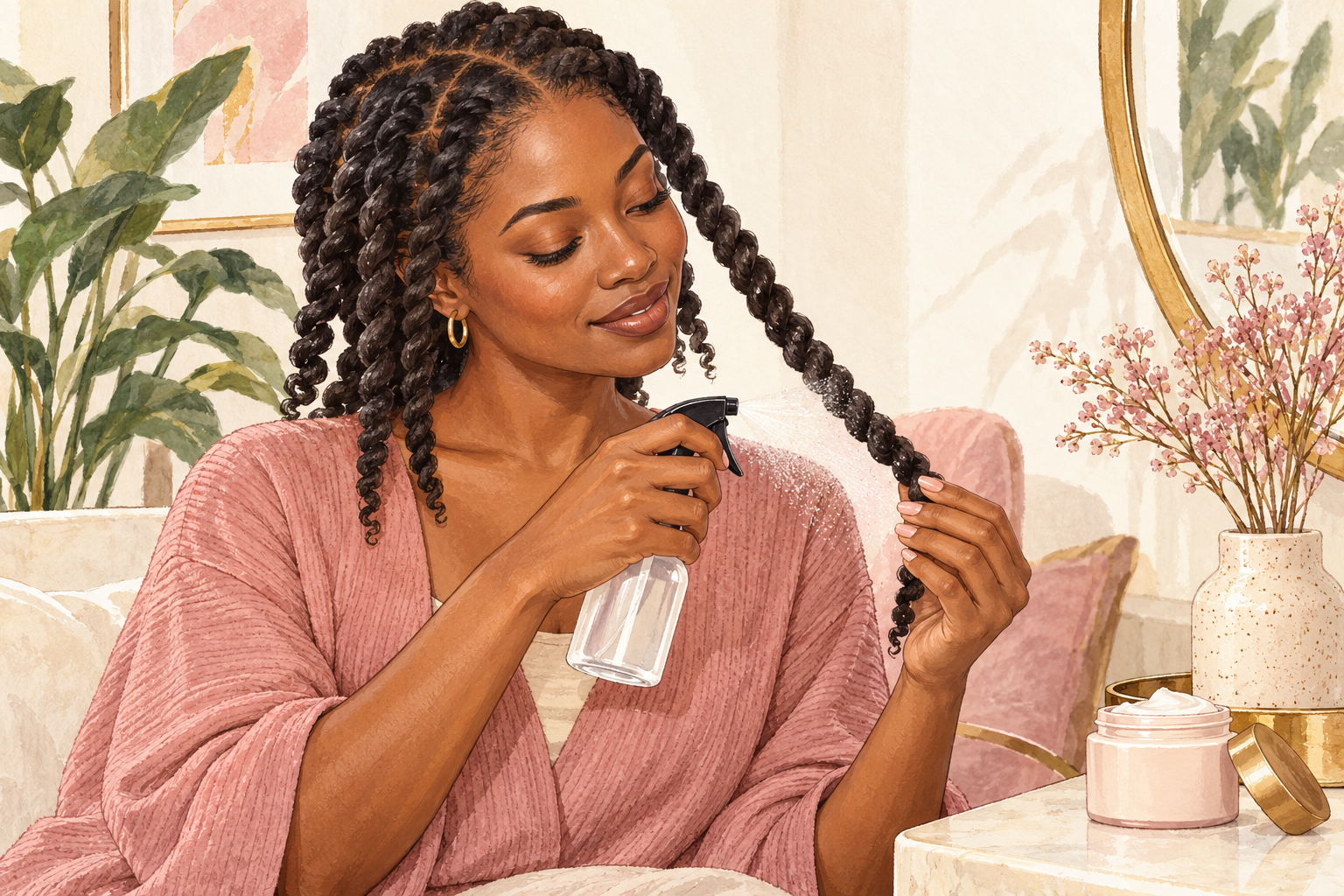 A clothed Black woman sprays water along one of her two-strand twists while gently supporting it with her other hand; a leave-in jar rests nearby.