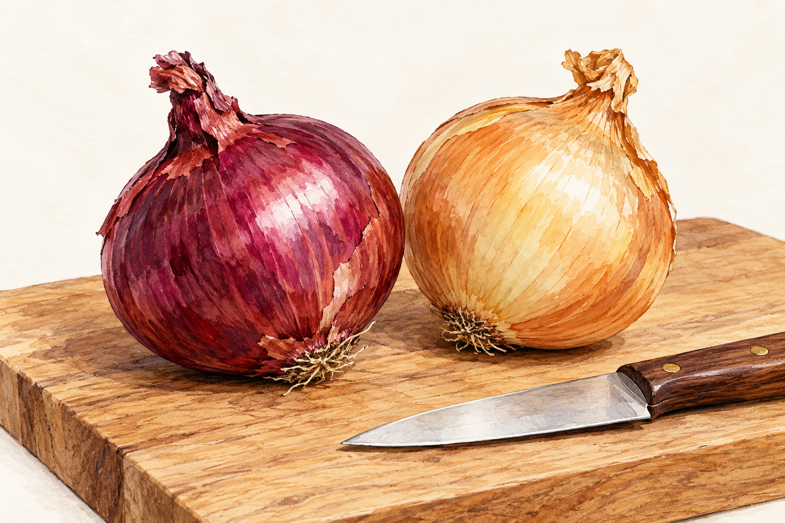 A firm red onion and a firm yellow onion sit on a clean board beside a small knife.