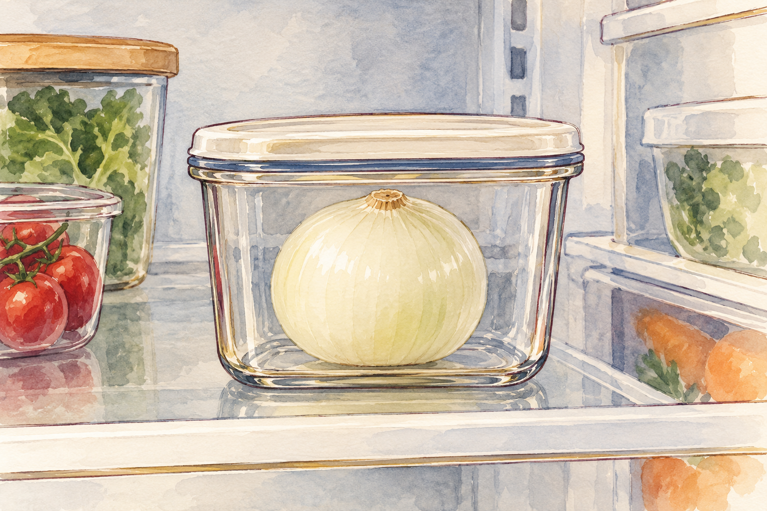 A peeled onion rests in a covered glass container on a refrigerator shelf.