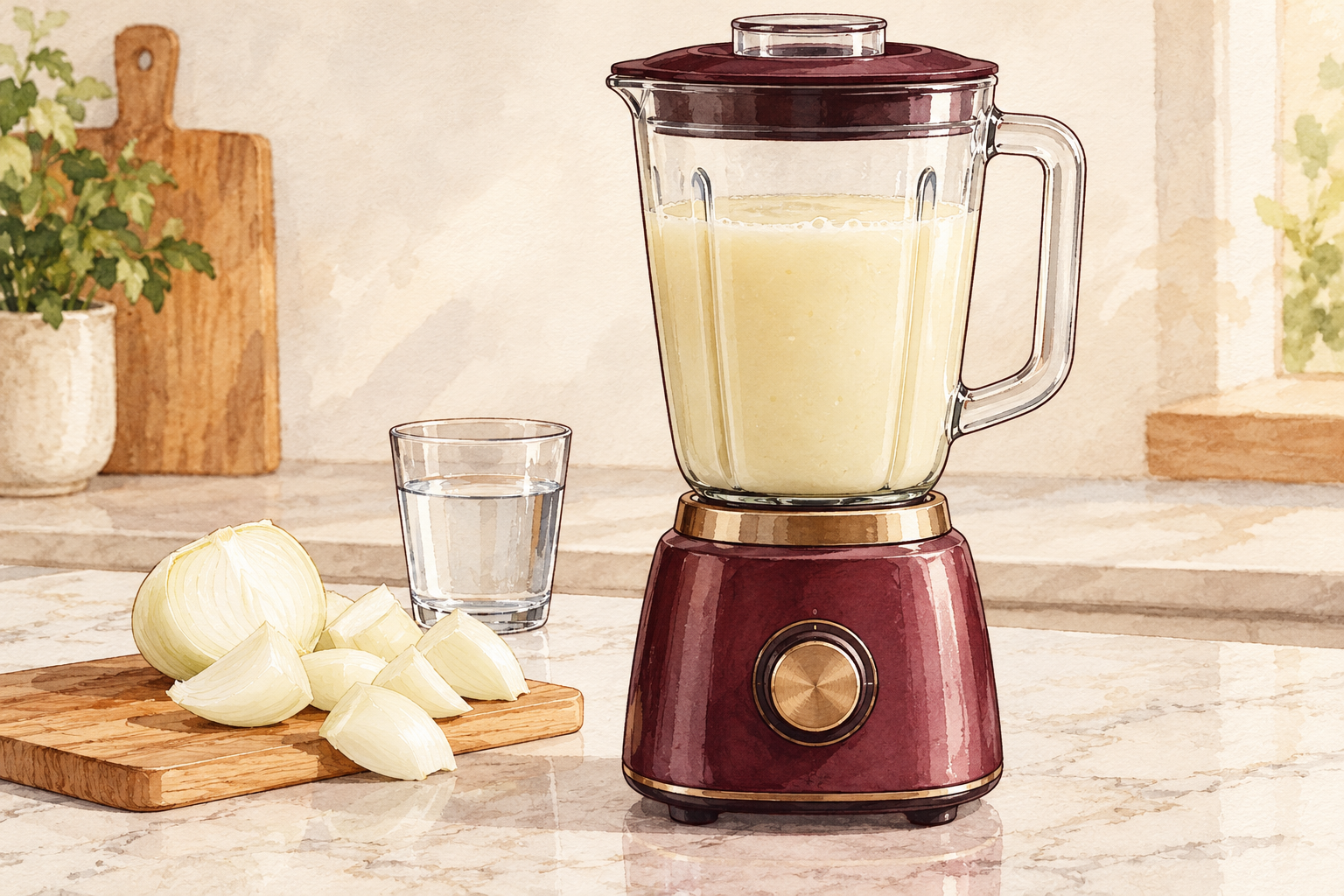 A lidded blender jar contains smooth pale onion mixture beside chopped onion and a small glass of water.