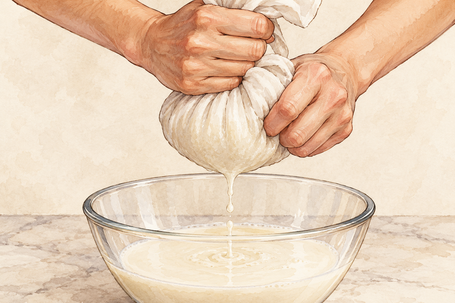 Two hands squeeze a white cloth over a glass bowl as pale liquid drips through.