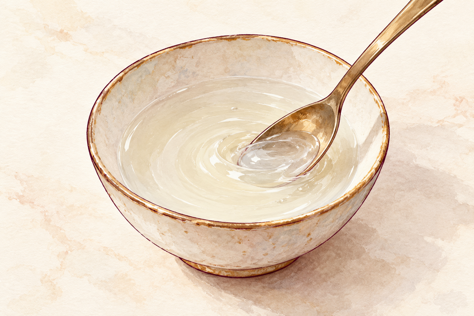 A spoon stirs clear gel into pale liquid in a small bowl.