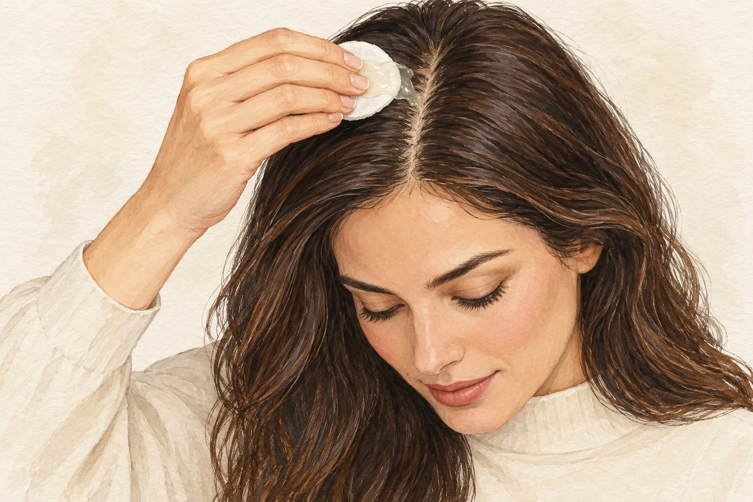 A woman dabs a cotton pad with pale gel along a visible scalp part.