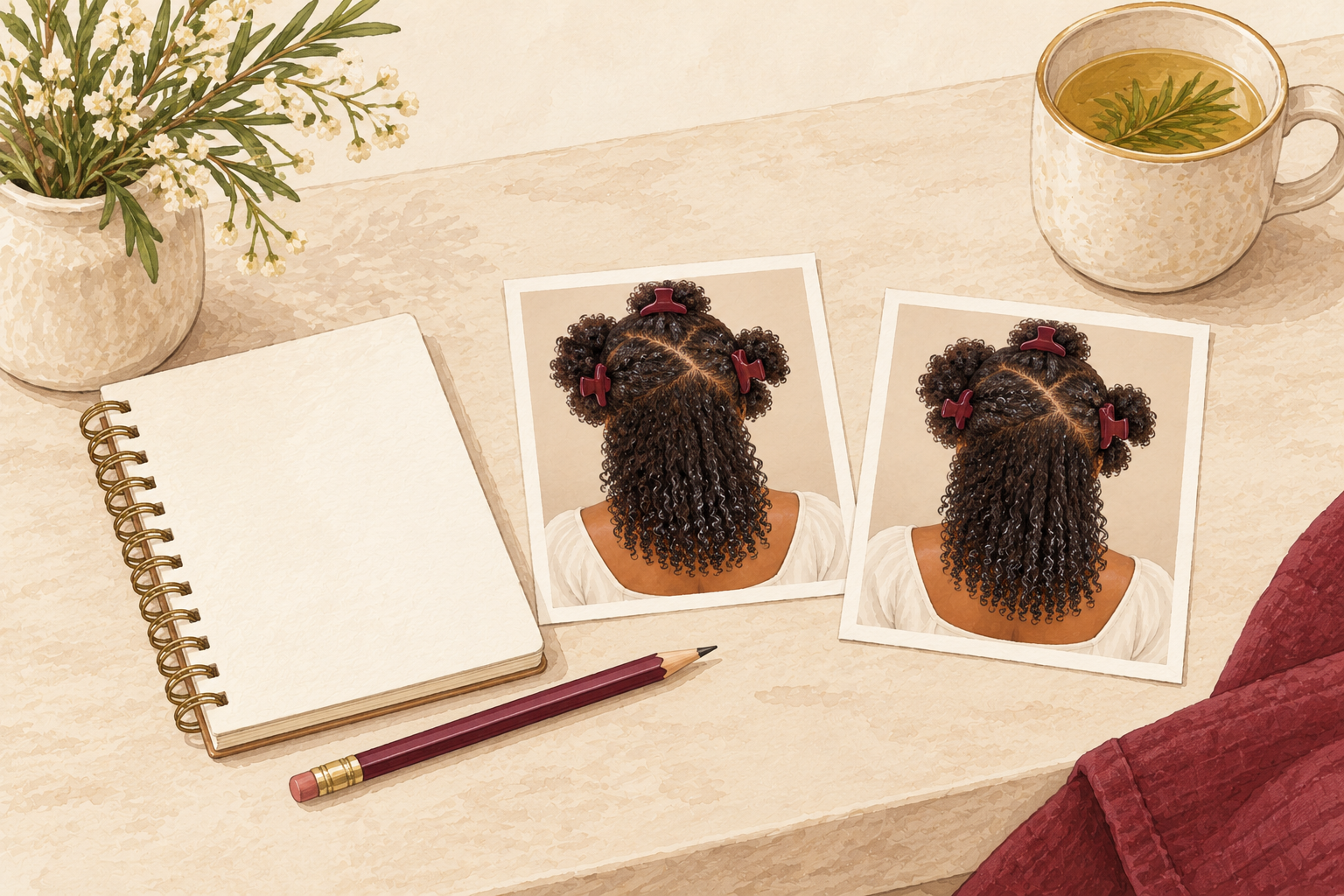 Two matching hair reference photos sit beside a blank notebook and pencil.