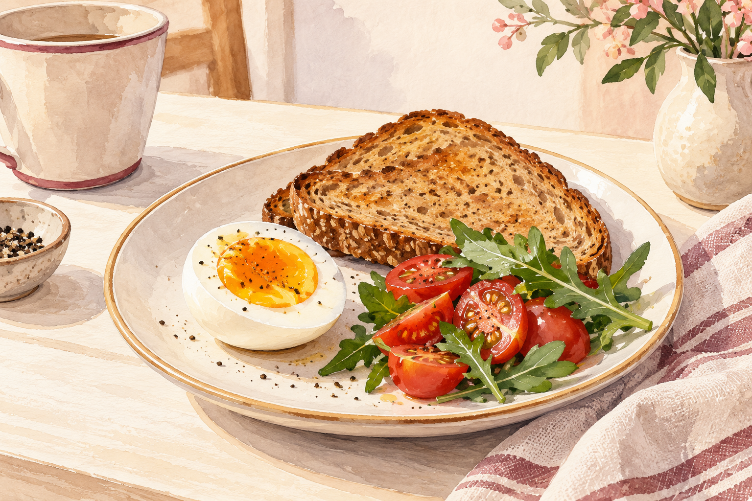 A boiled egg and whole-grain toast sit on a plate beside tomato and greens.