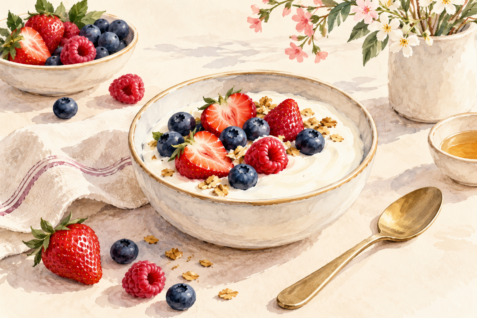 A bowl of plain yogurt topped with berries sits beside a spoon.