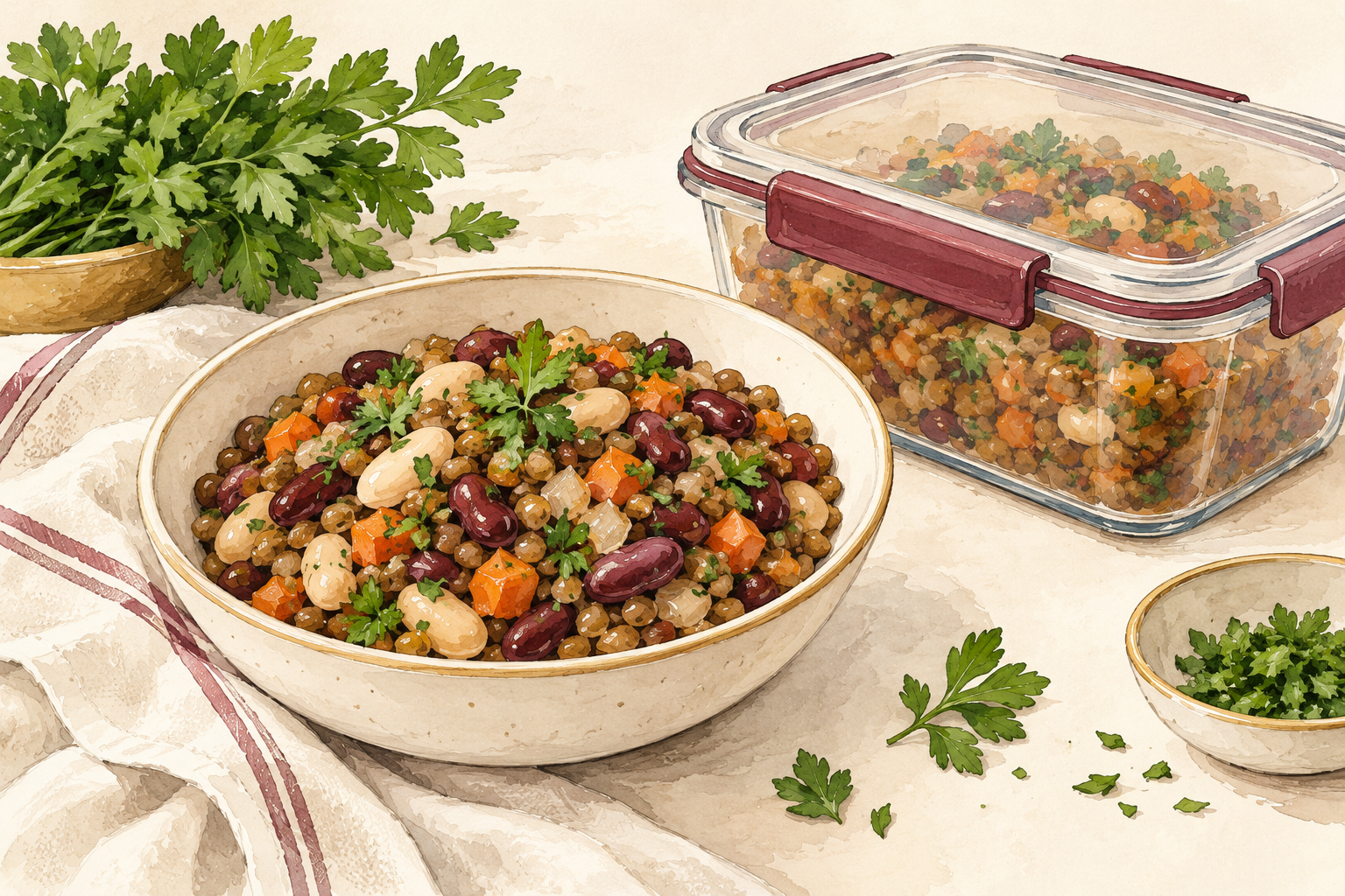 A bowl of cooked lentils and beans with herbs sits beside a lidded meal-prep container.