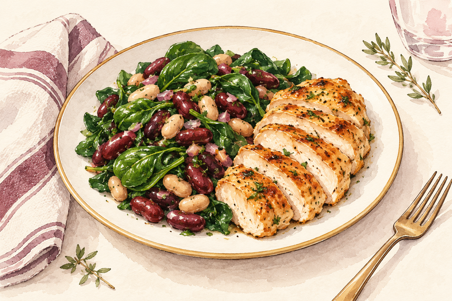 A plate of spinach and beans sits beside a small serving of cooked chicken.