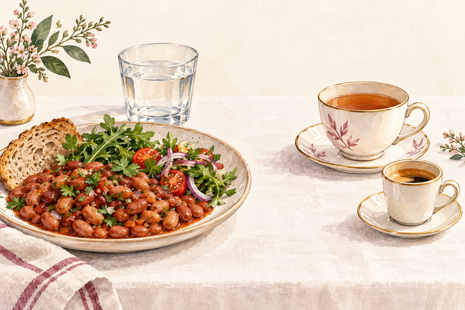 A plate of beans and a glass of water sit apart from cups of tea and coffee.