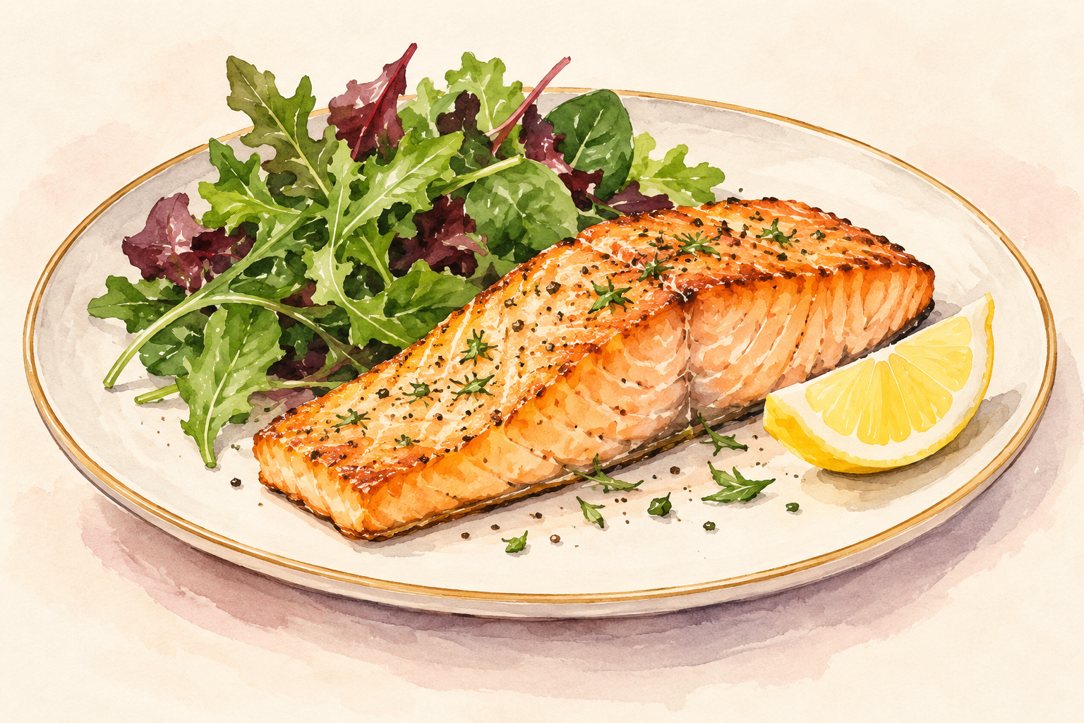 A serving of baked salmon with a lemon wedge and leafy greens rests on a plate.