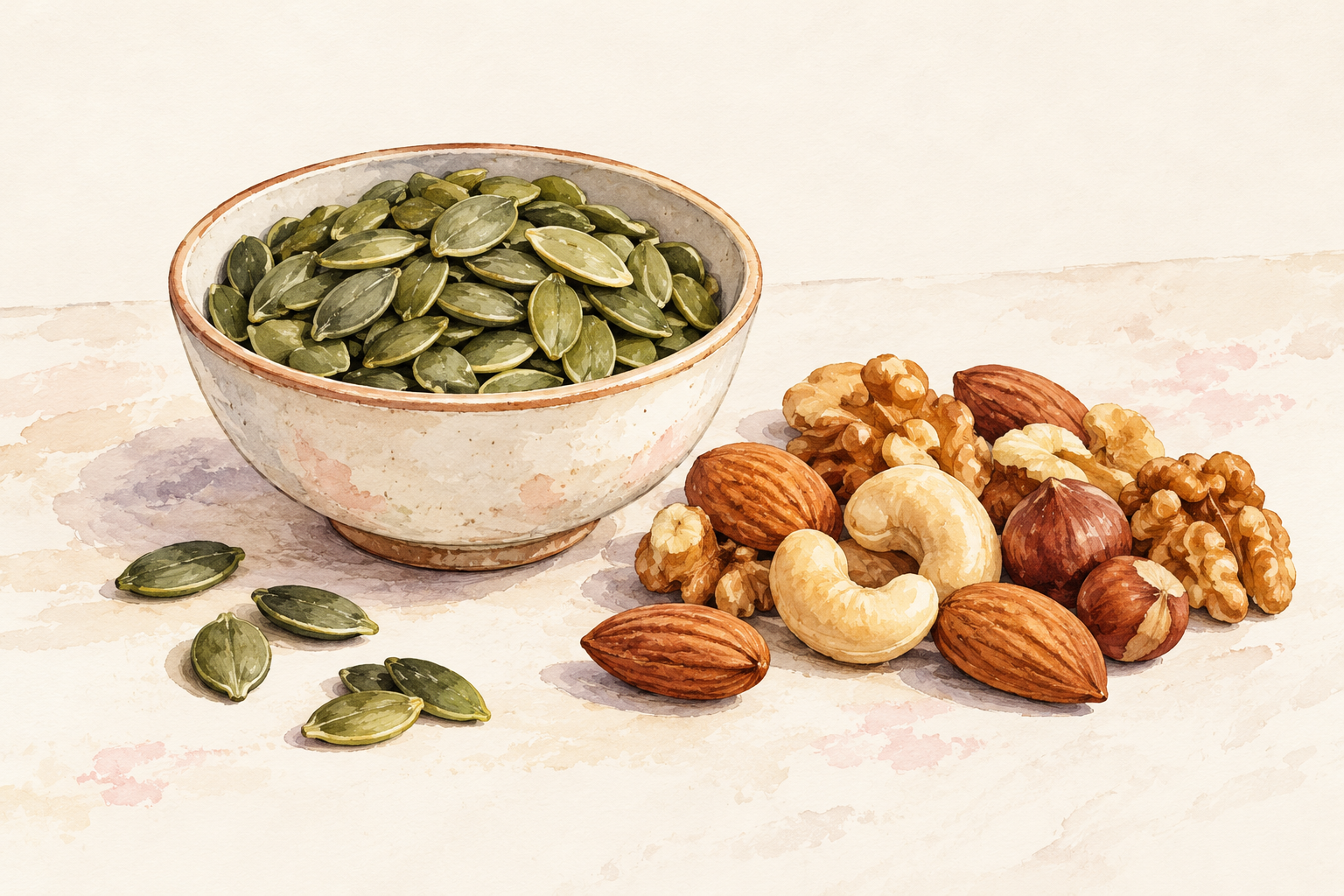 A bowl of pumpkin seeds sits beside a handful of mixed nuts.