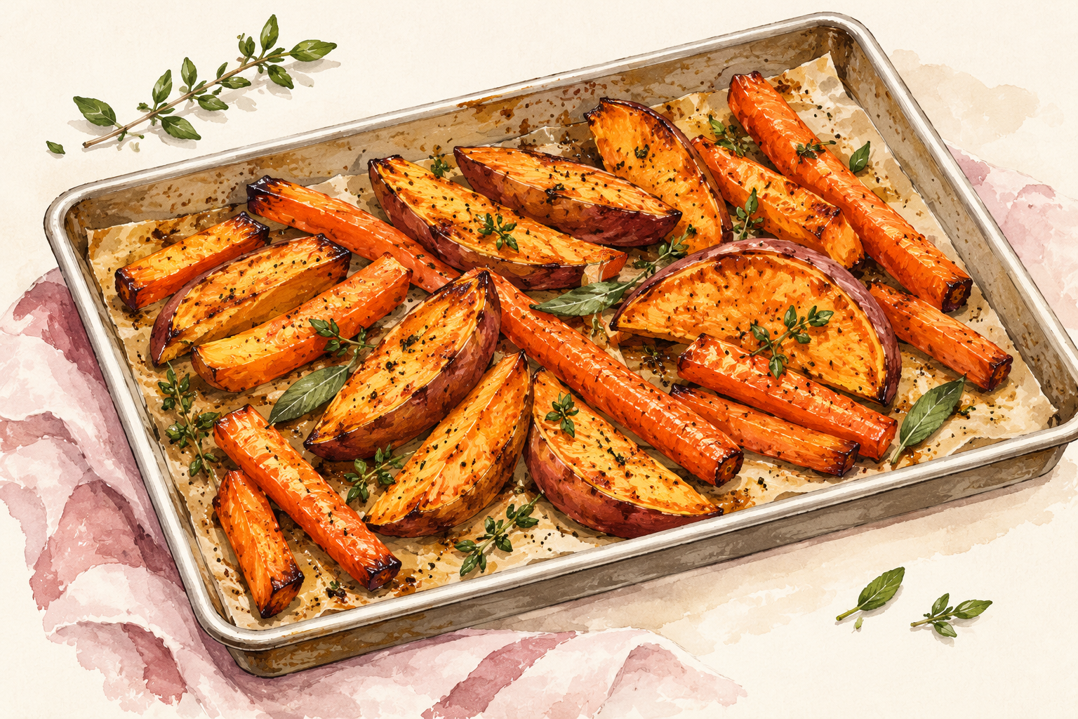 A tray holds roasted sweet-potato wedges and carrot sticks.