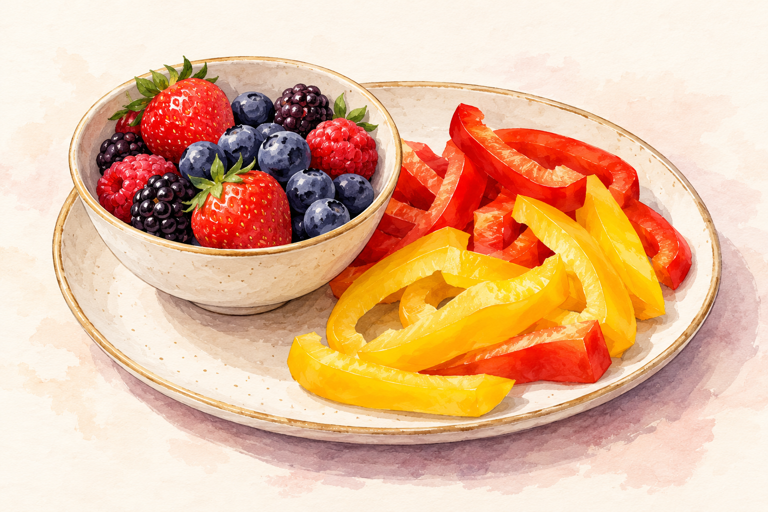 A bowl of berries sits beside slices of red and yellow bell pepper.