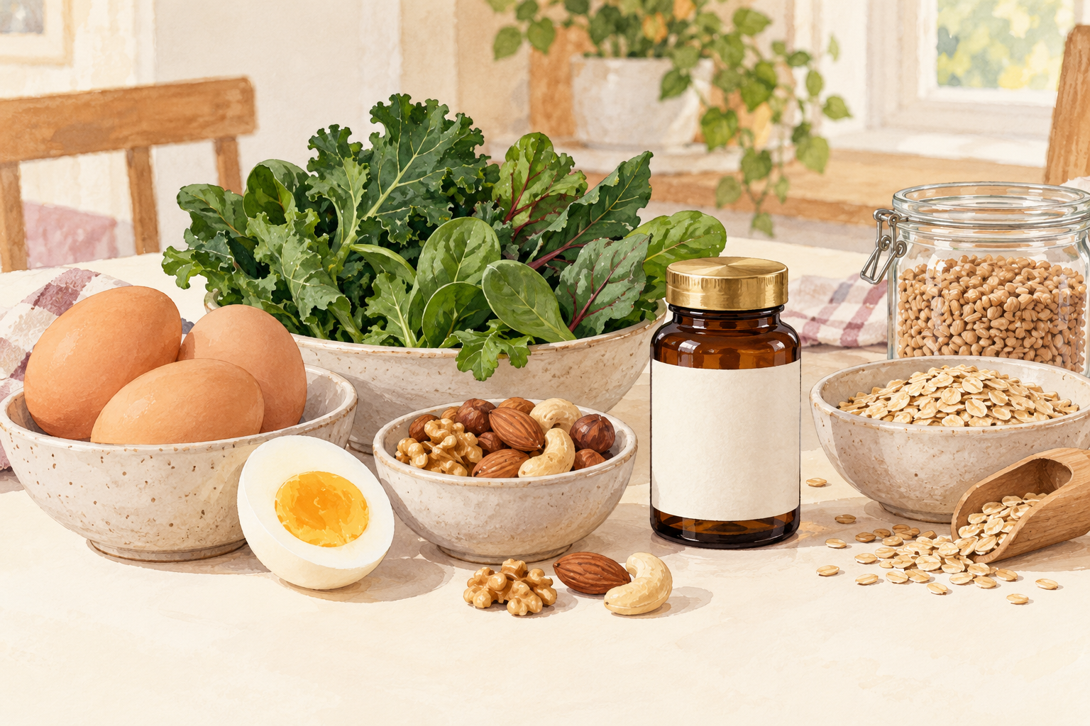 Eggs, nuts, leafy greens and whole grains sit beside a small unbranded supplement bottle.