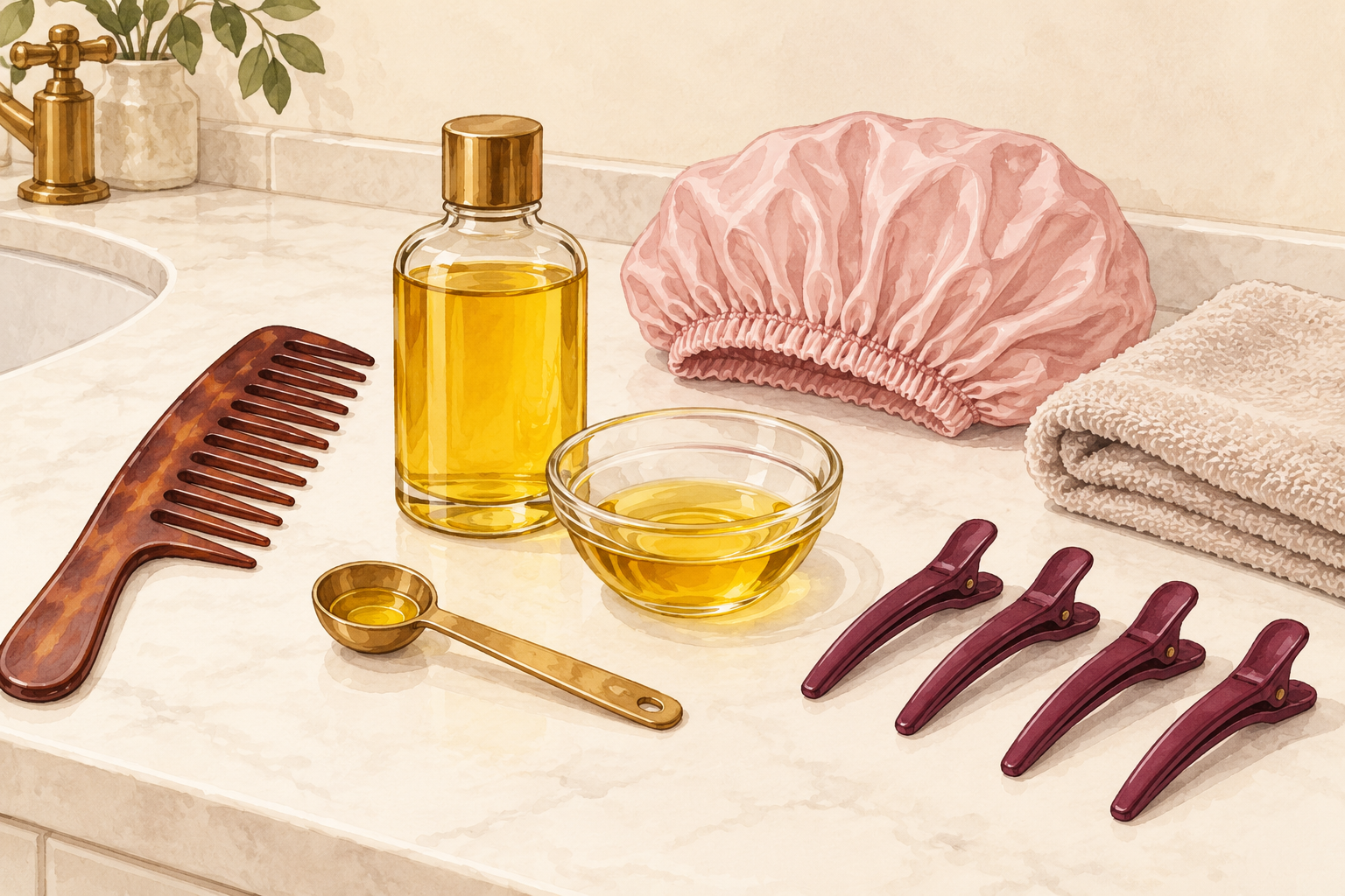 An unlabelled oil bottle, glass bowl, small measuring spoon, wide-tooth comb, sectioning clips, shower cap and folded towel are arranged on a counter.