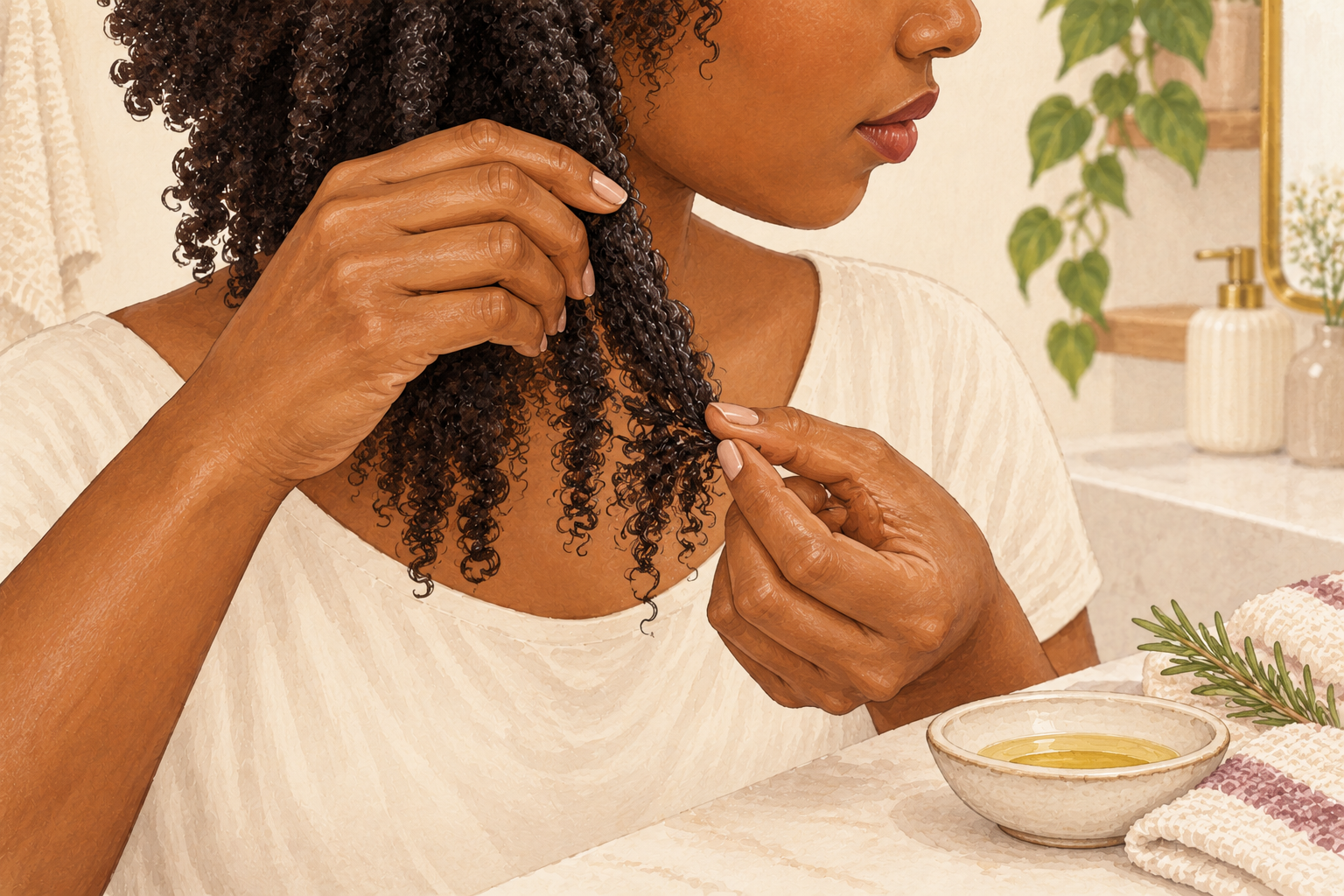 Hands gently loosen the ends of dry coily hair with a small dish of oil nearby.