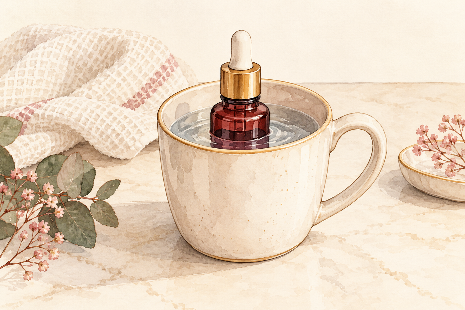 A closed oil bottle stands in a mug of warm tap water.