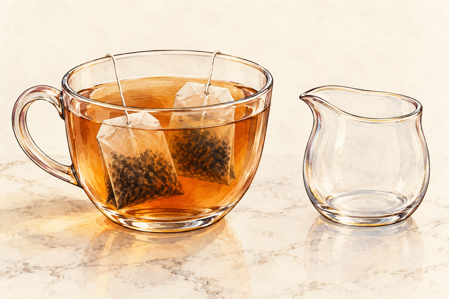 Two tea bags steep in a clear cup beside a small rinse jug.